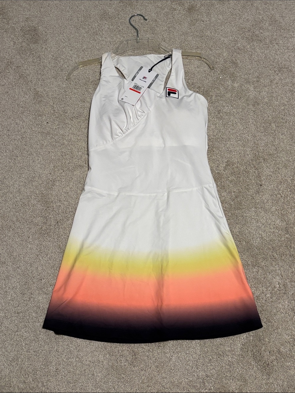 Fila White Tennis Dress with Yellow, Coral and Black Gradient Hem